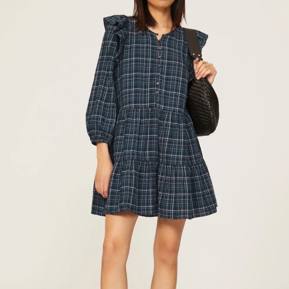 Madewell blue plaid gauze ruffle long sleeve mini dress ladies L NWT
